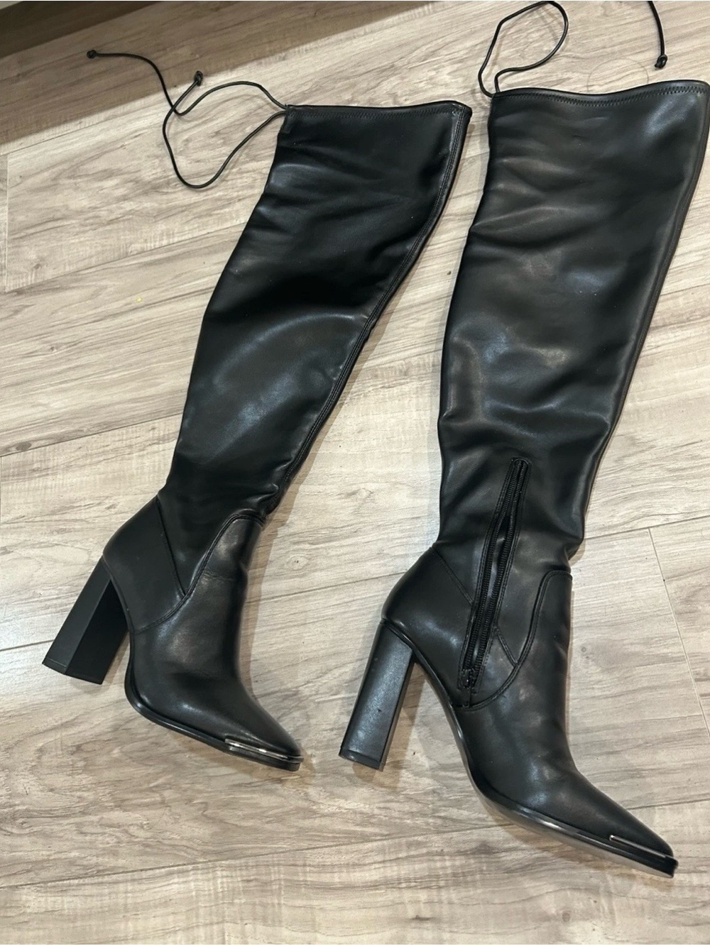 BCBG Black Knee-High Block Heel Boots with Lace Tie